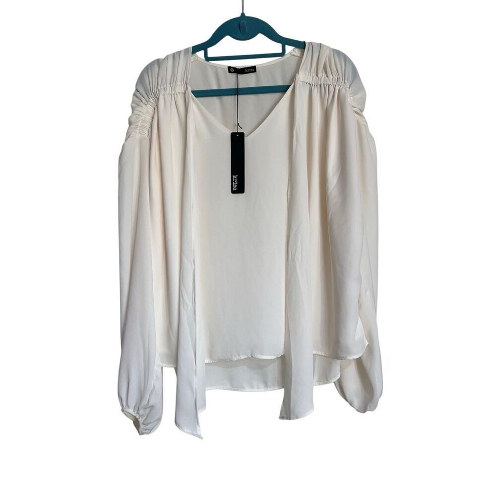Revolve Krisa Blouse Womens Medium Ivory Tie Neck Ruched Long Sleeve‎ Chiffon
